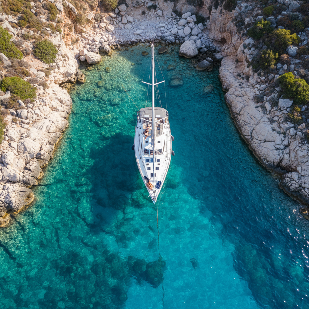 An overhead, bird’s-eye view of a crewed sailing yacht anchored in a secluded East Aegean cove near Kalymnos, rendered in crisp photographic realism. The yacht’s white deck and neat rigging contrast strikingly against the transparent turquoise water, where the seabed’s rocks and patches of seagrass are clearly visible. The boat is centered in the frame, with its anchor chain subtly visible extending toward a rocky shoreline. Surrounding the cove are rugged, sun-bleached rocks and sparse Mediterranean shrubs in muted greens and browns. The lighting is bright but not harsh, suggesting a clear late-morning sky, with minimal shadows and vivid color saturation. The mood is tranquil and exclusive, emphasizing privacy and unspoiled nature. This top-down composition highlights the allure of hidden anchorages available through Kalymnos-based yacht charters.
